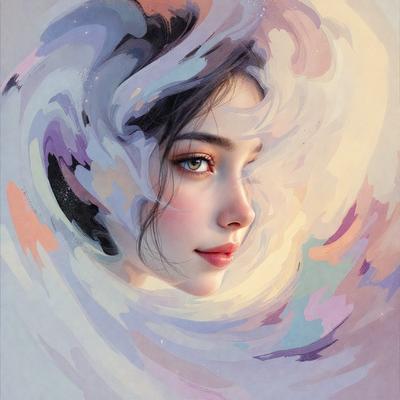 The primary subject of the image is a woman with long hair, who is the main focus of the scene. She is looking at the camera, and her eyes are open. The setting is a painting, which is a digital art piece. The visual style is artistic and creative, with the woman's face being the main subject of the painting. The colors and mood of the painting are vibrant and lively, with the woman's eyes being the most prominent feature.